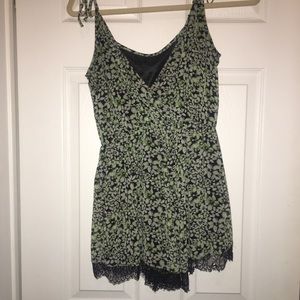 Green floral and black lace trimmed romper